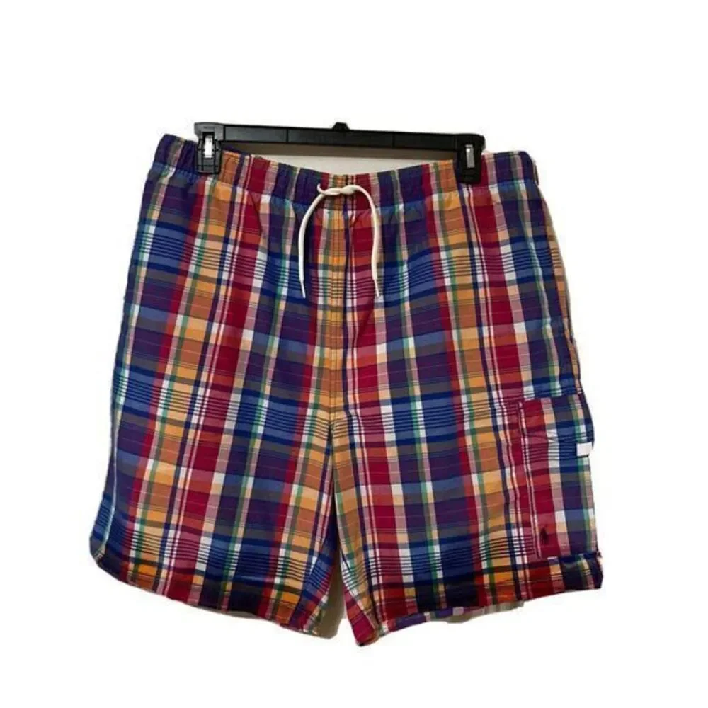POLO RALPH LAUREN PLAID SWIM‎ SHORTS XL DRAWSTRING TRUNKS PONY BEACH SWIM CARGO